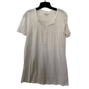 Gap White Ruffle Neck Henley Short Sleeve Top Medium Tall Ladder Stitch Yoke